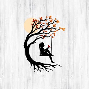 Niña con pájaro y columpio en el árbol SVG PNG para Cricut y Silhouette, Niña en columpio Svg, Columpio en árbol Svg, Nombre de niña Svg, Mujer en columpio en árbol Svg imagen 6
