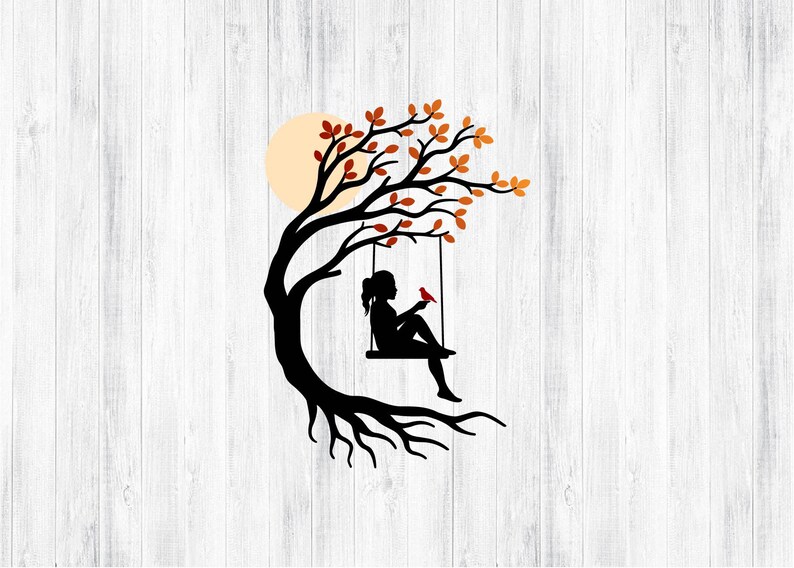 Niña con pájaro y columpio en el árbol SVG PNG para Cricut y Silhouette, Niña en columpio Svg, Columpio en árbol Svg, Nombre de niña Svg, Mujer en columpio en árbol Svg imagen 6