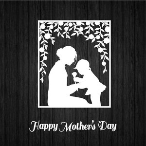 May include: A white silhouette of a mother and child standing under a floral archway. The child is holding a flower and the text "Happy Mother's Day" is below the image.