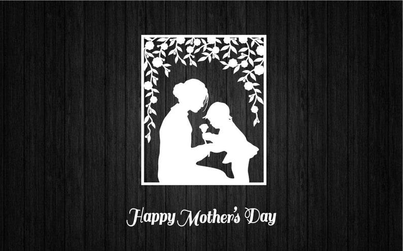 May include: A white silhouette of a mother and child standing under a floral archway. The child is holding a flower and the text "Happy Mother's Day" is below the image.