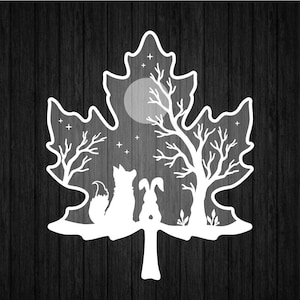 Renard et lapin sous la lune SVG PNG pour Cricut et Silhouette, Svg de feuille d'érable, Svg de feuille de lapin, Svg de feuille de renard, Svg de paysage de feuille d'automne