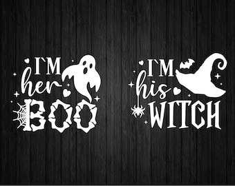 May include: Two white vinyl decals with Halloween-themed text and images. The first decal says "I'm her boo" with a ghost image. The second decal says "I'm his witch" with a witch's hat image.