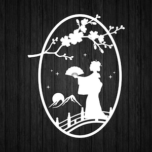 Geisha on a Bridge SVG PNG for Cricut and Silhouette, Japanese Woman, Cherry Blossom Svg, Japanese Girl Svg, Geisha Clipart, Geisha Template