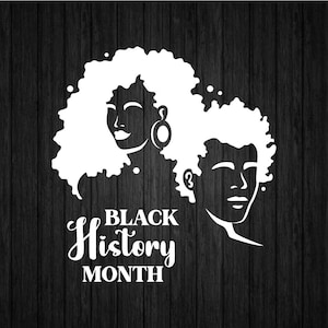May include: White graphic on a black wooden background. The graphic features two stylized faces with curly hair, and the words "Black History Month" in a script font.
