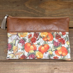 Fall harvest pumpkins Zipper Pouch, vegan leather bag, Makeup Bag, Cosmetic Bag, Pencil Case, Gift for Her, Bridesmaid Gift