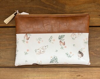 Bunnies and hedgehog pouch, Zipper Pouch, Pencil Case, Makeup Bag, bridesmaid Gift, cosmetic bag, purse organizer, make up bag, floral bag