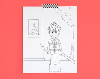 Coloring Page Firefighter African American Boy Printable Digital Download