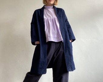Organic cotton denim Kimono style jacket with pockets | Navy blue duster | Oversized handmade coat | Men’s Women’s unisex long cardigan