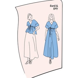 Könnte beinhalten: Linienzeichnung von zwei Frauen in Kleidern mit einer Schleife in der Taille. Das Kleid links ist weiß und das Kleid rechts ist blau. Die Illustration befindet sich auf einem rosa Hintergrund mit dem Text "ford & guy" oben.
