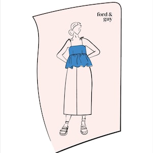 May include: Line drawing of a person wearing a blue and white sleeveless top with a ruffled hem and a long skirt. The drawing is on a pink background with the text "ford & guy" in black.