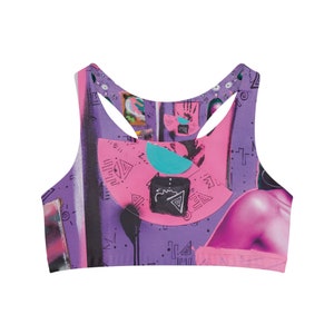 Colorful, graffiti style, activewear sports bra, Pink/Purple