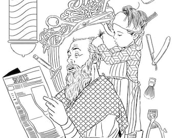 Disegno da colorare del barbiere, padre e figlio che si tagliano i capelli (download digitale)