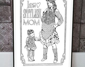 Illustrazione da colorare di mamma e bambino (download digitale) "Colorazione prenatale"