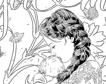 Illustrazione da colorare di mamma e bambino (download digitale) "Colorazione prenatale"