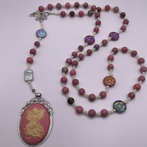 FAIRIES Necklace Fae “Good People” Sidhe Pink Fairy on 5-Decade Prayer Beads w/ Czech Glass Flower Beads & Stone