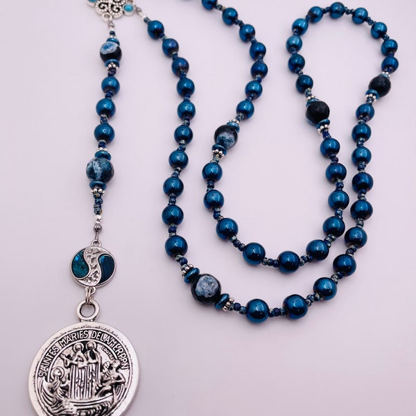 SAINTS MARIES de la MER aka 3 Marys + Sara Kali  in France by the Sea 5-Decade Prayer Beads in Blues and Silver. Rosary