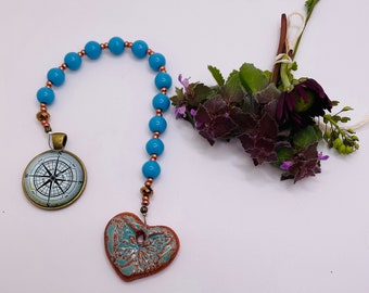 Serenity Stones™ STRAND for Recovery 12 Bead Czech Glass Blue 8mm Beads  Compass Pendant One End & Terra Cotta Heart with Blue Butterfly