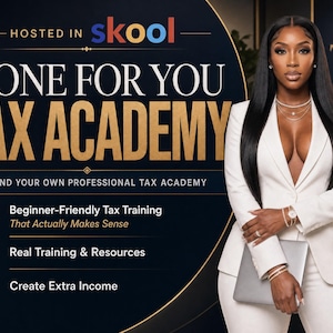 May include: A promotional graphic for the Done For You Tax Academy hosted in Skool. The text reads: Done For You Tax Academy, Brand Your Own Professional Tax Academy, Beginner-Friendly Tax Training, Real Training & Resources, Create Extra Income.