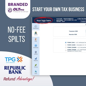 May include: A blue and white computer screen with the text "START YOUR OWN TAX BUSINESS" at the top. The screen shows a menu with options like "Dashboard", "Clients", "Efile", "Scheduler", "Letters", "Reports", "Pricing", and "Tools". The text "Your logo here" is in a white box at the top of the screen. The screen also shows a list of tax forms with radio buttons.