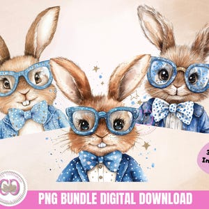 Osterhase PNG, Osterjunge Häschenkaninchen, Kleinkind Ostern PNG, Kinder Ostern PNG, Nerd Osterhase Blaue Schleife & Brillen, Ostern PNG Bundle