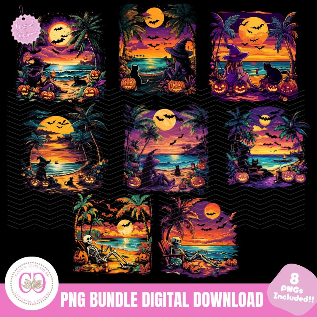 Spooky Beach Scene Bundle, Halloween Landscapes Watercolor, Halloween ...