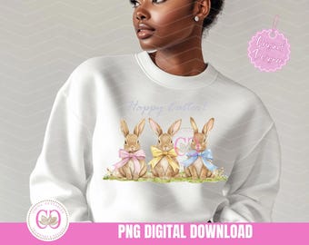Easter Bunny Trio Clip Art, Girl Bow Design (Digital PNG File)
