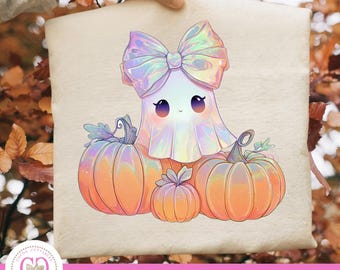 Irisierender kokette Geist & Kürbisse PNG, Retro Halloween Design (digitaler Download)
