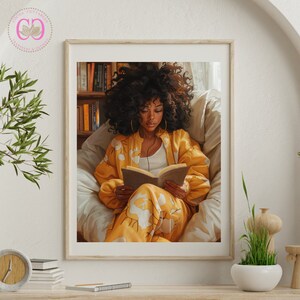 Schwarze Frau Lemon Queen Reading Vibes Artwork Lesebuch Kunst Buchliebhaber Druck Afroamerikanische Wandkunst Gemütliche Bücherwurm Wanddekor PNG Datei