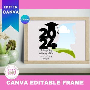 Cadre silhouette femme diplômée 2024, cadre en toile modifiable GRAD, motifs de remise des diplômes 2025, glisser-déposer senior, modèles toile de remise des diplômes