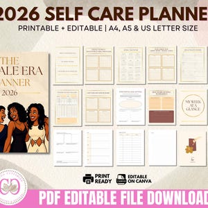 May include: A digital self-care planner for 2026, featuring printable and editable pages in A4, A5, and US Letter sizes. The design includes a cover with the text "The Exhale Era Planner 2026" and illustrations of women. The planner is available as a PDF file download.