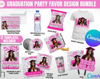 Graduation 2026 Party Favor Template Bundle, Graffiti Pink Canva Editable Graduation Treats Design, Party Favor Custom Water Labels,Chip Bag