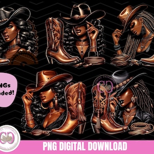 Lindas Cowgirls Negras, Rainha do Rodeio Melanina PNG, 5 Lindas Cowgirls Negras, Sublimação de Garotas Negras do Campo, Pacote de Cowgirls Ocidentais PNG