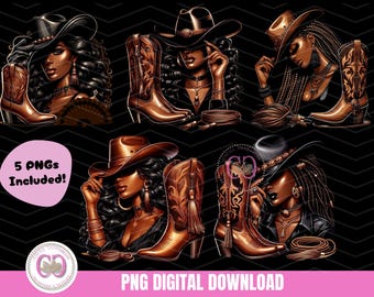 Puede incluir: Cinco imágenes digitales de mujeres con sombreros de vaquero y botas. Las mujeres tienen el pelo largo y oscuro y llevan botas de cuero marrón con diseños intrincados. El fondo es negro.