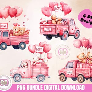Valentine&#39;s Day Truck Teddy Bears & Balloon Valentine&#39;s Truck Clipart Bundle, Watercolor Happy Valentine&#39;s Day  Farm Truck, Digital PNG File