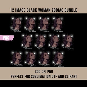 Black Girl Zodiac Bundle | Zodiac Clipart Bundle | Zodiac Signs PNG Bundle for Journals Sublimation Clipart 300dpi png