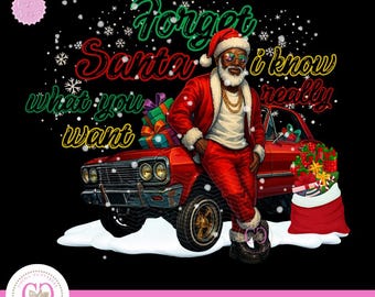 May include: Digital graphic of a Black Santa Claus in a red suit and hat, leaning against a red classic car. The text reads "Forget Santa I know what you want really." Snowflakes and gift boxes are also present.