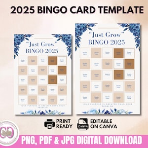Scheda Bingo 2025 stampabile floreale blu / Scheda Bingo 2025 / Tracker dei buoni propositi per l'anno nuovo / Carta intestata USA e A4 / PNG JPG PDF Download immediato