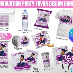 Graduation 2025 Party Favor Template Bundle,Graffiti Purple Canva Editable Graduation Treats Design,Party Favor Custom Water Labels,Chip Bag