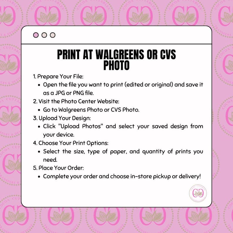 May include: A white rectangular graphic with instructions on how to print photos at Walgreens or CVS. The text includes steps for preparing the file, visiting the photo center website, uploading the design, choosing print options, and placing the order.