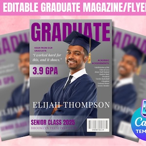 Op de afbeelding: Een aanpasbare sjabloon voor een afstudeermagazine-omslag voor Canva. De sjabloon heeft een grijze achtergrond met de paarse titel "GRADUATE" en een foto van een afgestudeerde in een baret en toga. Onder de foto staat de tekst "ELIJAH THOMPSON", samen met de tekst "SENIOR CLASS 2025" en "BROOKLYN TECH INSTITUTE".
