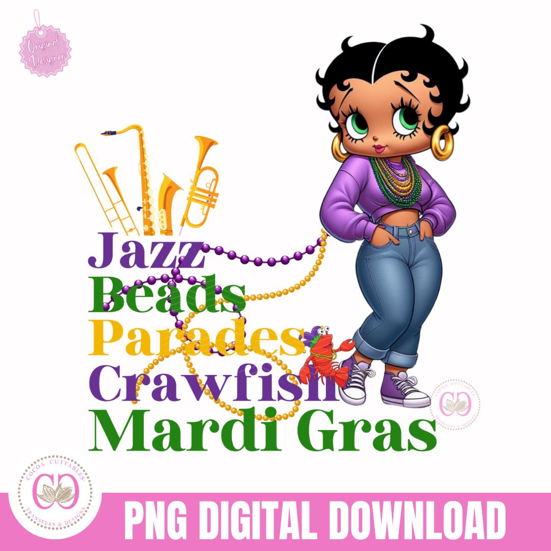 Mardi Gras Jazz Beads Paradise Crawfish Betty Boop, PNG, Purple