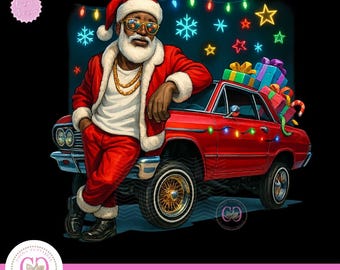 May include: Digital illustration of Santa Claus in a red suit, gold chain, and sunglasses, leaning against a red classic car decorated with Christmas lights and gifts. The background is black with stars and snowflakes.