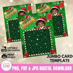 Kleiner Afro Weihnachtsjunge Grün Jumbo Kartenvorlagen, Jumbo Weihnachtskarte, Weihnachtsgeschenk, PNG, JPG, PDF, druckfertig, Canva Template