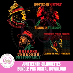 Puede incluir: Un paquete de descarga digital de cuatro imágenes de siluetas que celebran el Juneteenth. Las imágenes presentan figuras negras en rojo, amarillo y verde con texto que dice "Juneteenth", "Enraizado en la historia", "Ascendiendo en libertad", "Abraza tu poder", "Desatado", "Inquebrantable" e "Imparable".