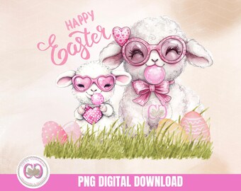 Happy Easter Lamb PNG, Mother and Baby Sheep, Sublimation Design (Digital Download)