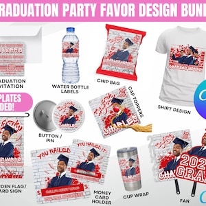 Graduation 2025 Party Favor Template Bundle, Graffiti Red Canva Editable Graduation Treats Design, Party Favor Custom Water Labels, Chip Bag