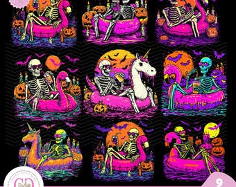 ハロウィンの電動スケルトンフロートセット、レトロなネオンの不気味なフラミンゴプールPNG、サマーウィーンバイブスPNG、面白いスケルトンフロートPNG昇華