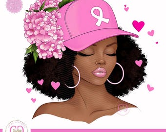 Black Woman Breast Cancer Awareness PNG, Pink Ribbon (Digital Download)