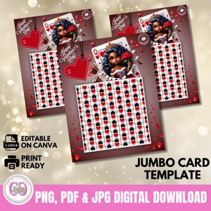Tarjeta de San Valentín gigante con diseño de reina de corazones, mujer afroamericana, mujer negra, tarjeta de San Valentín gigante PNG, JPG, PDF, lista para imprimir, plantilla Canva