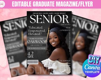 DIY Editable CANVA Graduation Magazine, Black Graduation Magazine Cover Template,Canva Template, 2026 Graduation Magazine Cover PDF Template